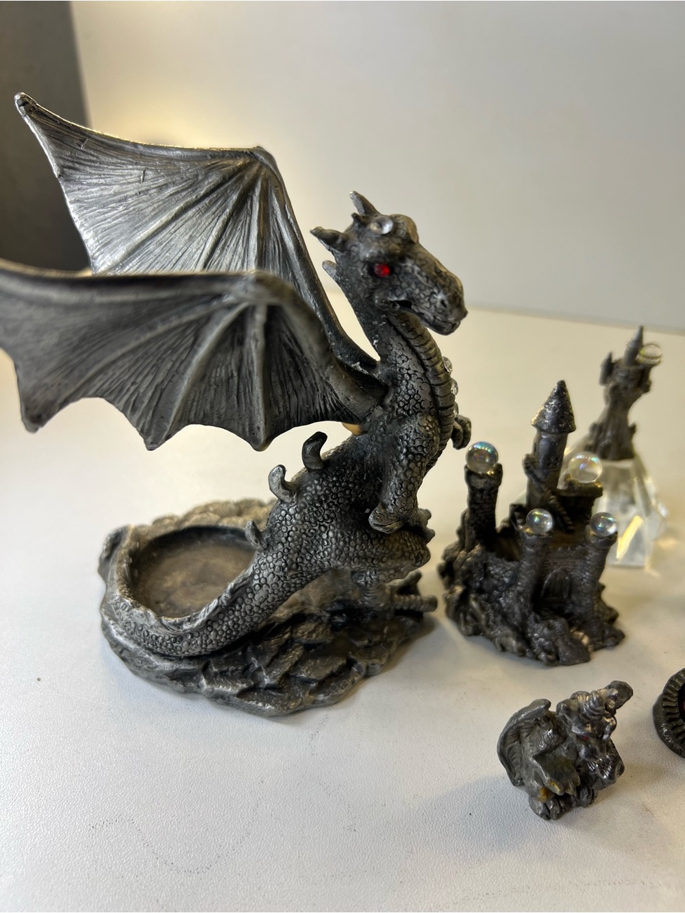 Pewter Fantasy Dragon Figurine Set with Accents - Metallic Gray - Picture 15 of 16